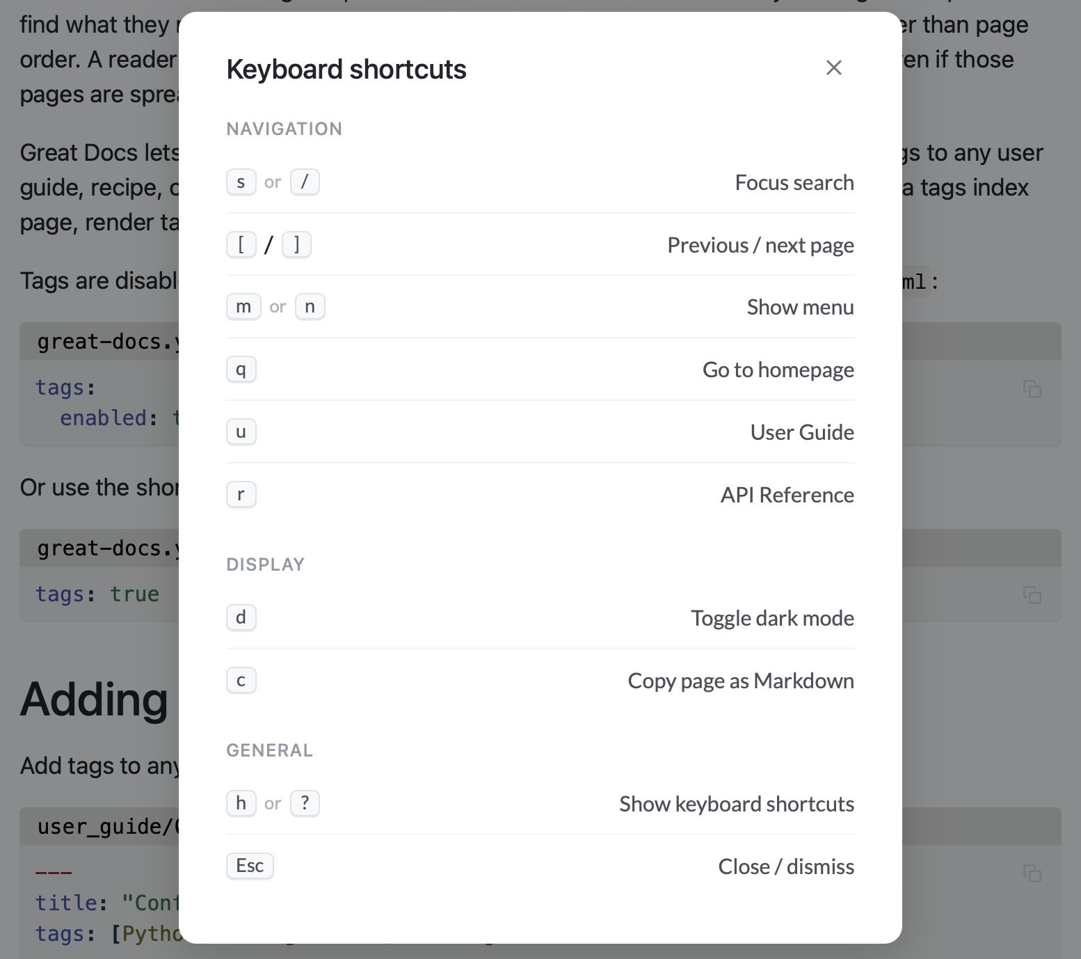 The keyboard shortcuts help overlay, showing all available navigation
shortcuts.