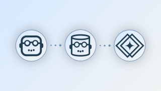 Three logos representing the three Posit agents, connected left to right by dotted lines: a robot face wearing goggles (Positron Assistant), a cylinder wearing goggles (Databot), and a four-pointed star inside two diamonds (Posit Assistant), suggesting a progression from one data science agent to the next.